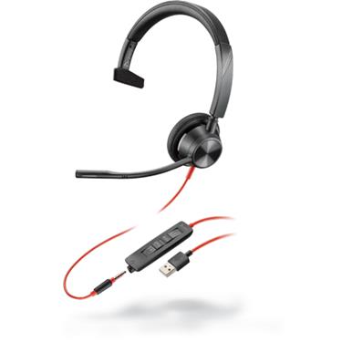 Poly BLACKWIRE 3315 On-the-head Mono headset, Microsoft, med 3.5mm tele / USB-A