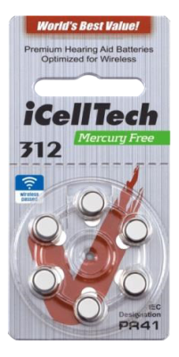 Batteri PR41 Hörselapp. iCellTech312 Zinc-Luft knappcellsbatteri, 1,45V, 6-Pack