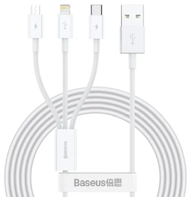 Baseus Superior Multi Charger Kabel USB A, USB C+Micro USB A+Lightning, USB2, 0,48 Gbit/s, 1,5m - Vit