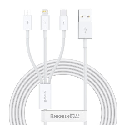 Baseus Superior Multi Charger Kabel USB A, USB C+Micro USB A+Lightning, USB2, 0,48 Gbit/s, 1,5m - Vit