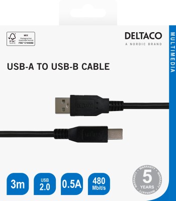 Deltaco USB 2.0 Kabel Typ A - Typ B, 3m - Svart#3