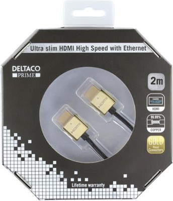 DELTACO PRIME ultratunn HDMI kabel, w. Ethernet, HDMI Type A ha, 4K, Ultra HD, guldpläterad, 2m
