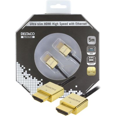 DELTACO PRIME ultratunn HDMI kabel, w. Ethernet, HDMI Type A ha, 4K, Ultra HD, guldpläterad, 5m