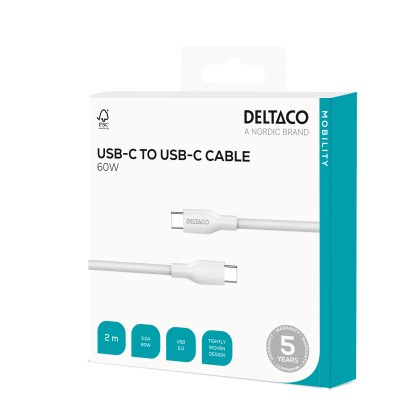 Deltaco USB-C - C, 2m, USB 2.0, white braided 3A/60W - Vit#5