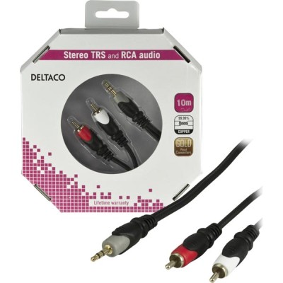 Ljudkabel 3,5 mm stereo till 2xRCA, guldpläterad, 10 meter - Svart