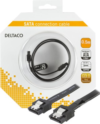 DELTACO SATA-kabel, SATA 6Gb/s, lås-clips, rak-rak, 0,5m, sv