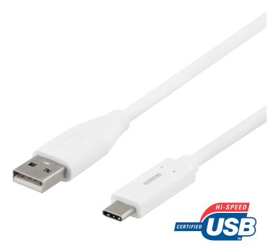 DELTACO USB-A till USB-C kabel, 2m, 3A, USB 2.0, vit