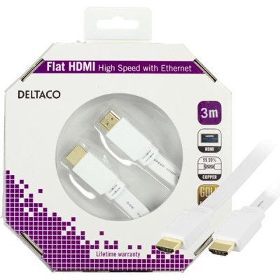 HDMI-kabel, 4K/3D, flat, 3 meter - Vit