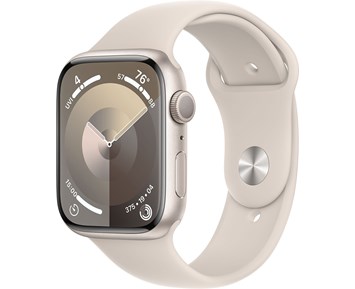 Apple Watch 9 GPS, 45mm Stjärnglans Aluminiumboett med Stjärnglans Sportband - S/M