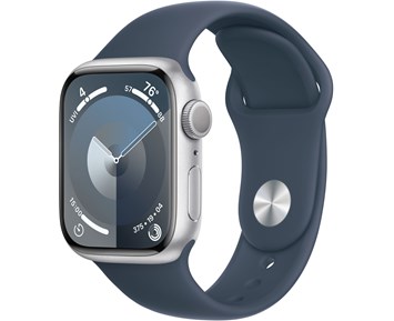 Apple Watch 9 GPS, 45mm Silver Aluminiumboett med Stormblå Sportband - M/L