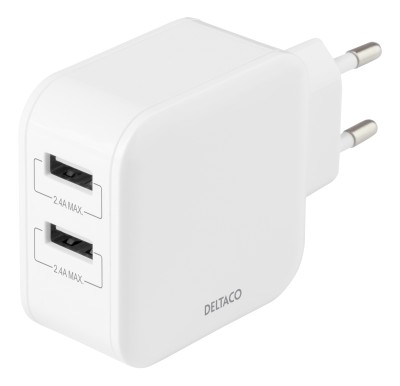 Deltaco Wall charger with dual USB-A ports, 4.8 A, 24 W, Vit