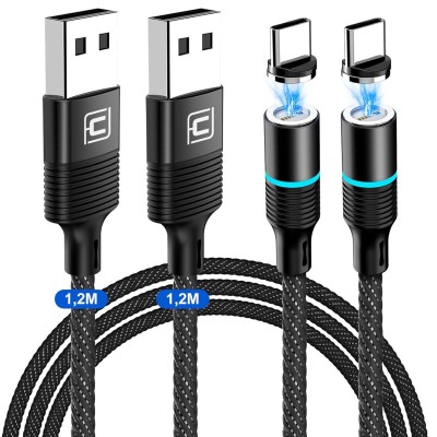 Magnetisk kabel 3-i-1 USB-C, 1.2 m - svart 2-pack