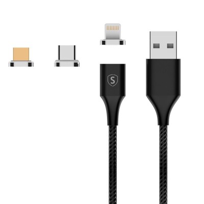 Magnetisk kabel 3-i-1 USB-C, Lightning, Micro-USB 2.4A, 1 m - svart