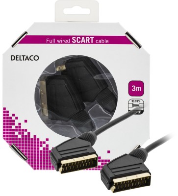 DELTACO SCART-kabel, fullkopplad, ha - ha, 3m, svart