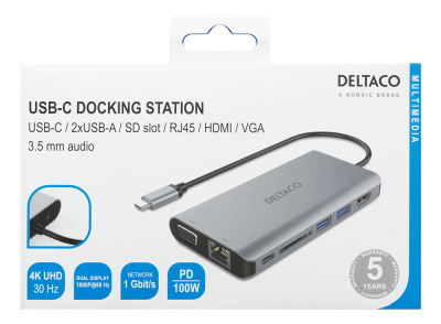 Multi-adapter Deltaco, USB-C till HDMI/VGA/2xUSB 3.0/GigaLAN/USB-C PD 3.0, kortläsare SD - Rymdgrå#3